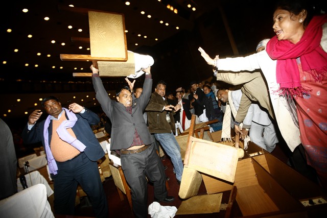 CA members of UCPN(M) destroy chairs protesting against CA’s decision to initiate the process for vote.